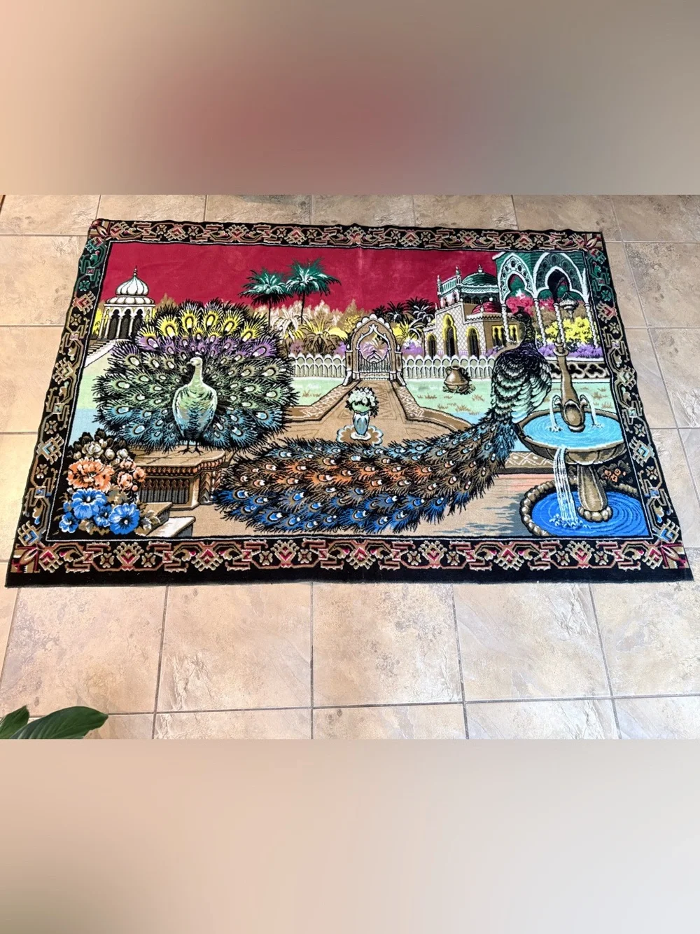 Vintage 1970 Circa Velvet Peacock Wall Tapestry Rug - 64